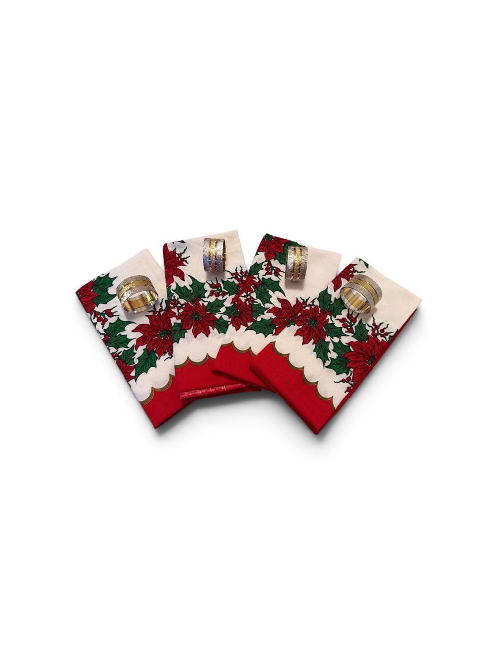 Vintage Poinsettia Holiday Cloth Napkins with NIB Napkin Rings in Gold & Silver - Picture 7 of 14